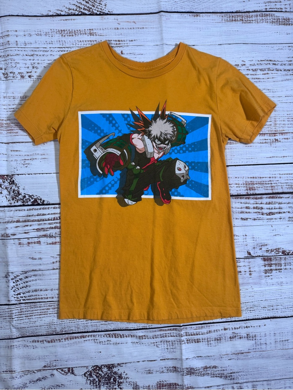 Hot Topic Mustard Yellow Bakugou MHA Anime Graphic Short Sleeve Tee